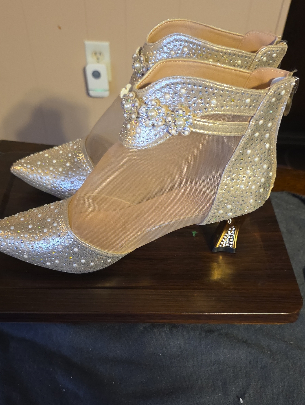 Fashion Nova Nude Gold Jeweled Mesh Pointed Booties